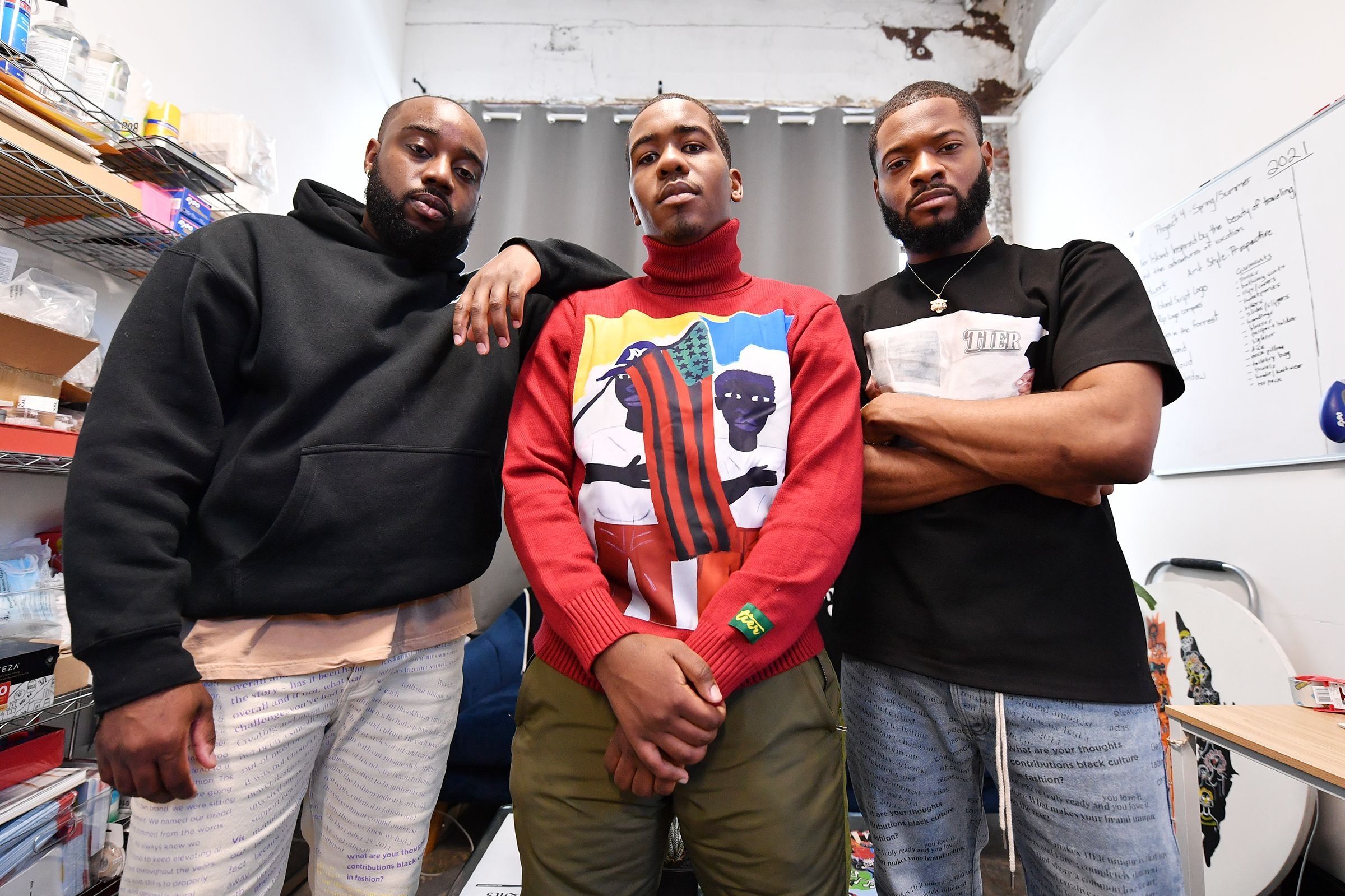 Mandatory Credit: Photo by Stephen Lovekin/Shutterstock (11765384ag)
TIER designers and co-founders Victor James, Nigeria Ealey, and Esaie Jean Simon in their studio in Ridgewood Queens, New York City.
TIER NYC Portraits, New York, USA - 18 Feb 2021