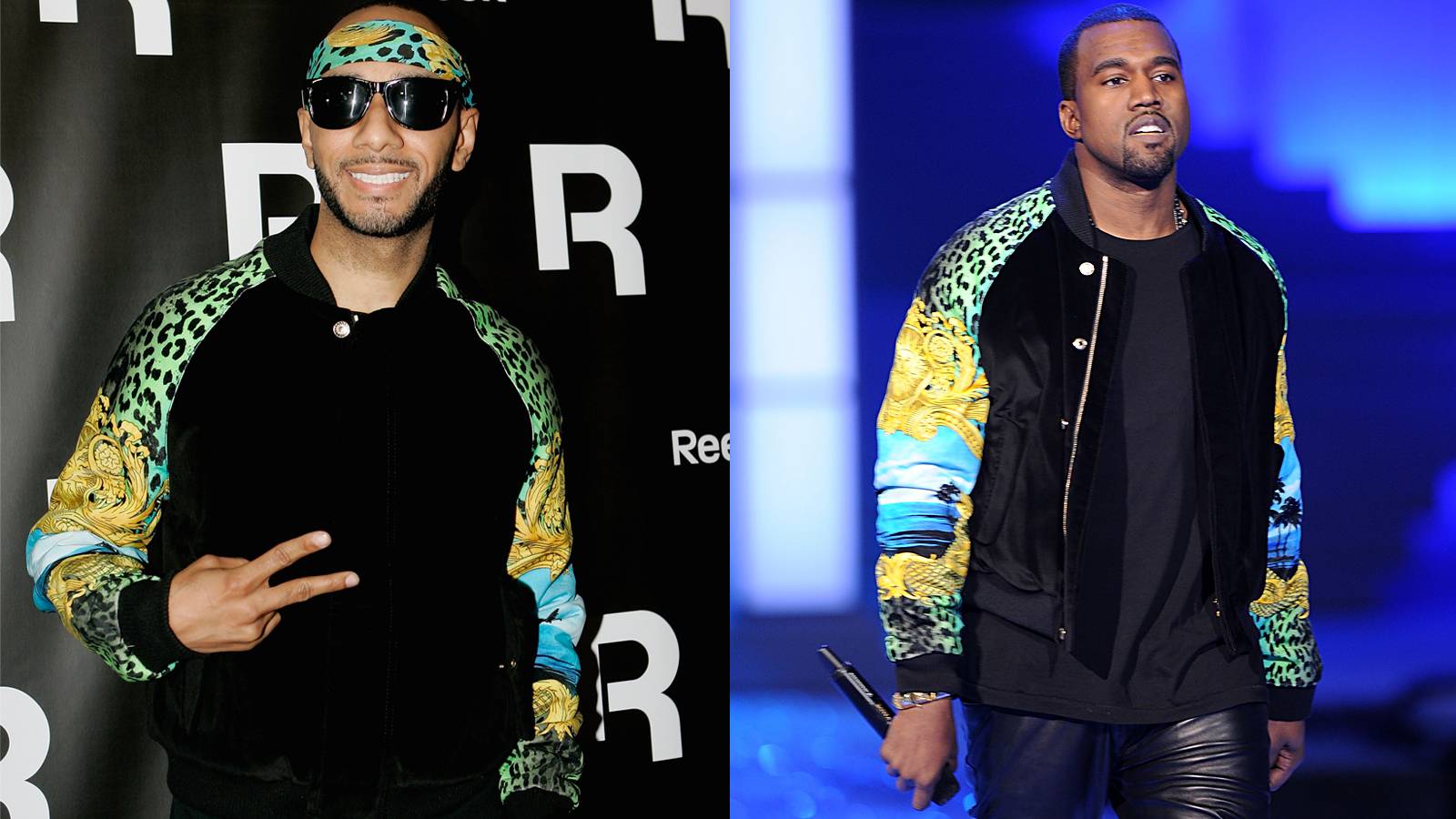 Swizz Beatz vs. Kanye West  - Kanye West and Swizz Beatz were spotted wearing this black, velvet bomber jacket with leopard-print sleeves from&nbsp;Versace’s highly anticipated H&amp;M collection. The Chicago rapper sleeked the look up with leather pants, while Swizz wore the jacket with a matching head scarf and black jeans. Who did it best? You voted: Kanye.(Photos from left: Franck Prevel/Getty Images,&nbsp; Jamie McCarthy/Getty Images)