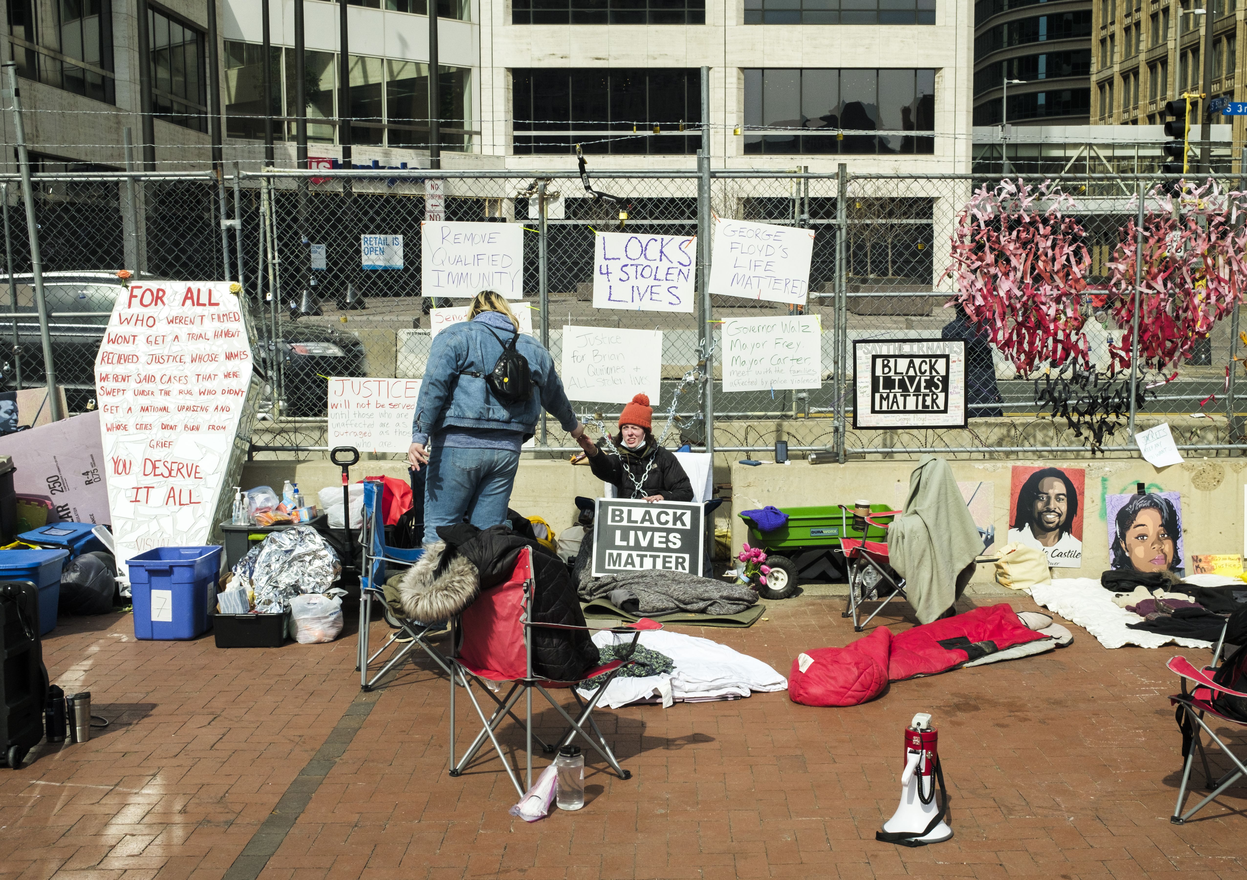 MINNEAPOLIS, MN - APRIL 2: Demonstrators continue to occupy an area outside the Hennepin County Government Center on April 2, 2021 in Minneapolis, Minnesota. The trial of former Minneapolis police officer Derek Chauvin, who is charged with multiple counts of murder in the death of George Floyd last May, continues today. (Photo by Stephen Maturen/Getty Images)