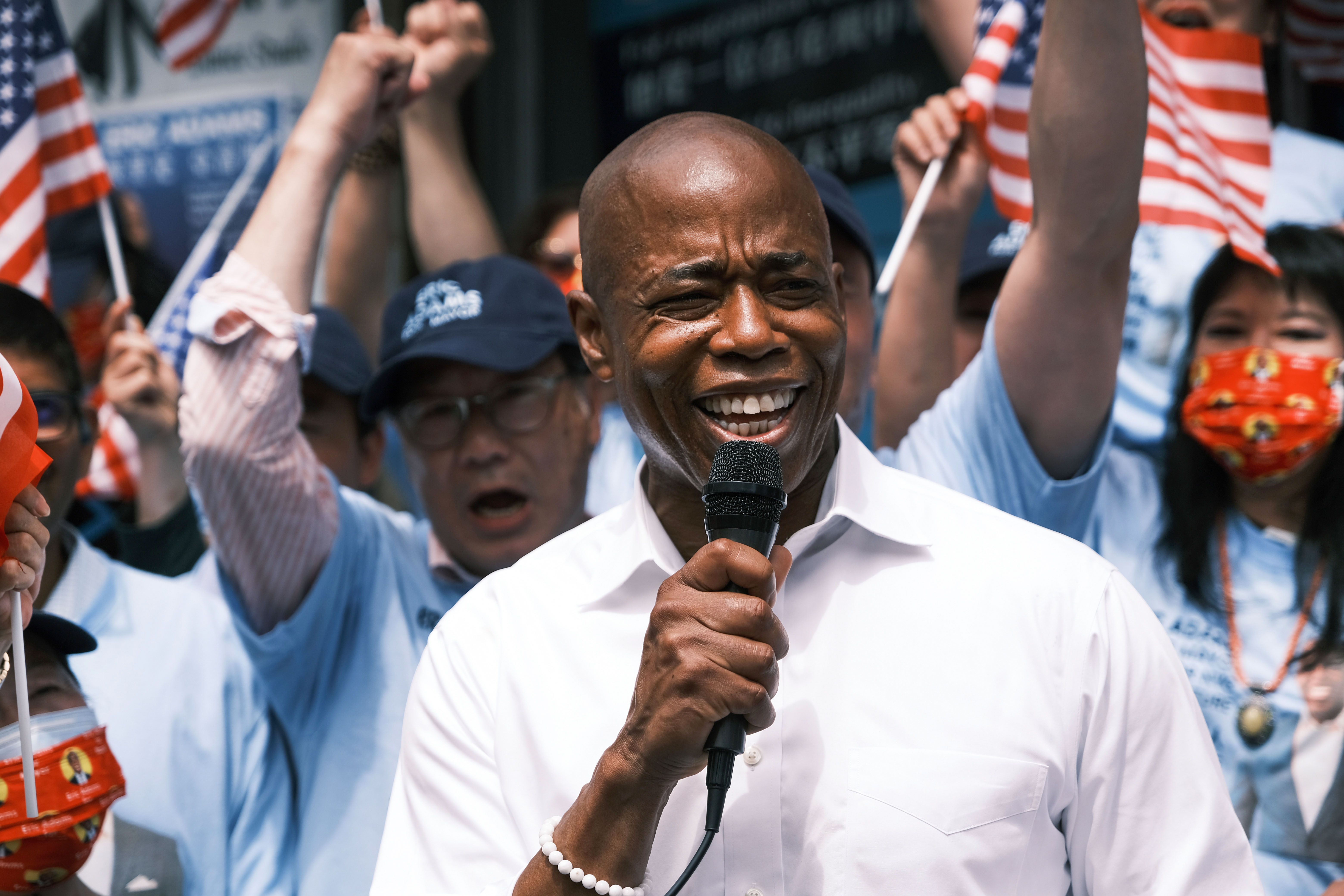 NEW YORK, NEW YORK - JUNE 08: Brooklyn Borough President Eric Adams, who's running as a Democratic mayoral candidate, appears in Flushing, Queens to open a new campaign office on June 8, 2021 in the Queens borough of  New York City. In a new poll, crime has become a central issue for many New Yorkers leading to a rise in support for Adams, a retired police captain. (Photo by Spencer Platt/Getty Images)