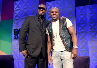 Two of a Kind - Floyd Mayweather and Doug E. Fresh ended their talk with a quick photo during Genius Talks.&nbsp;(Photo: Jason Kempin/BET/Getty Images for BET)