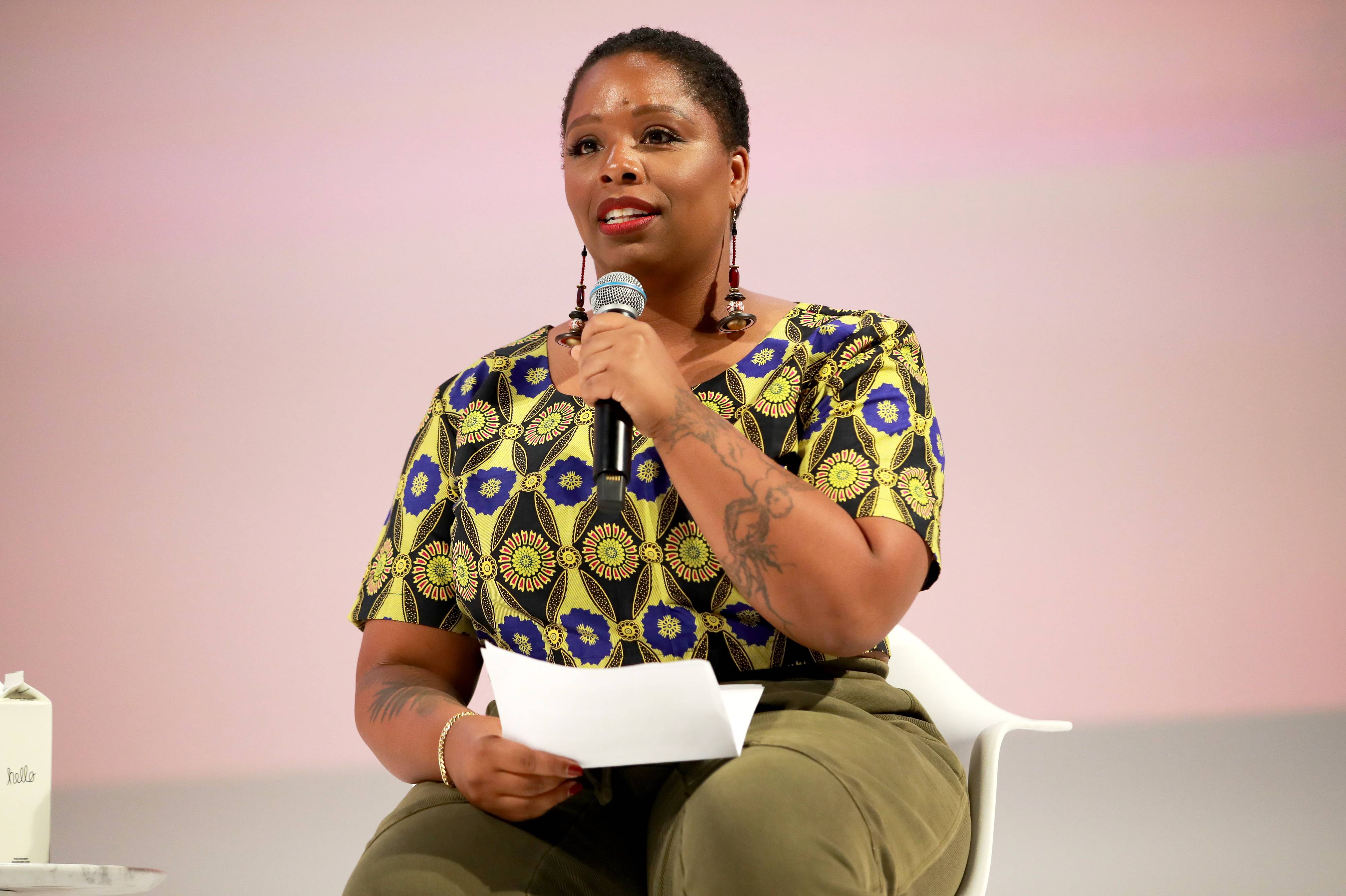 LOS ANGELES, CALIFORNIA - NOVEMBER 02: Patrisse Cullors speaks on stage at the Teen Vogue Summit 2019 at Goya Studios on November 02, 2019 in Los Angeles, California. (Photo by Rich Fury/Getty Images for Teen Vogue)