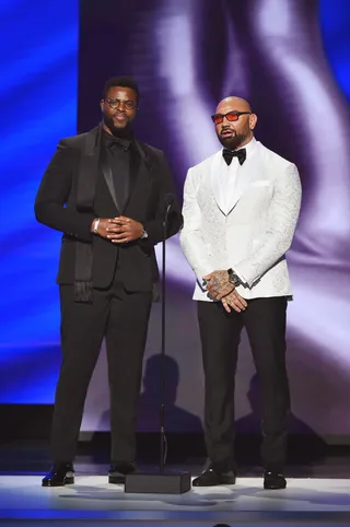 Actors Winston Duke and Dave Bautista. - (Photo by Aaron J. Thornton/Getty Images for BET)