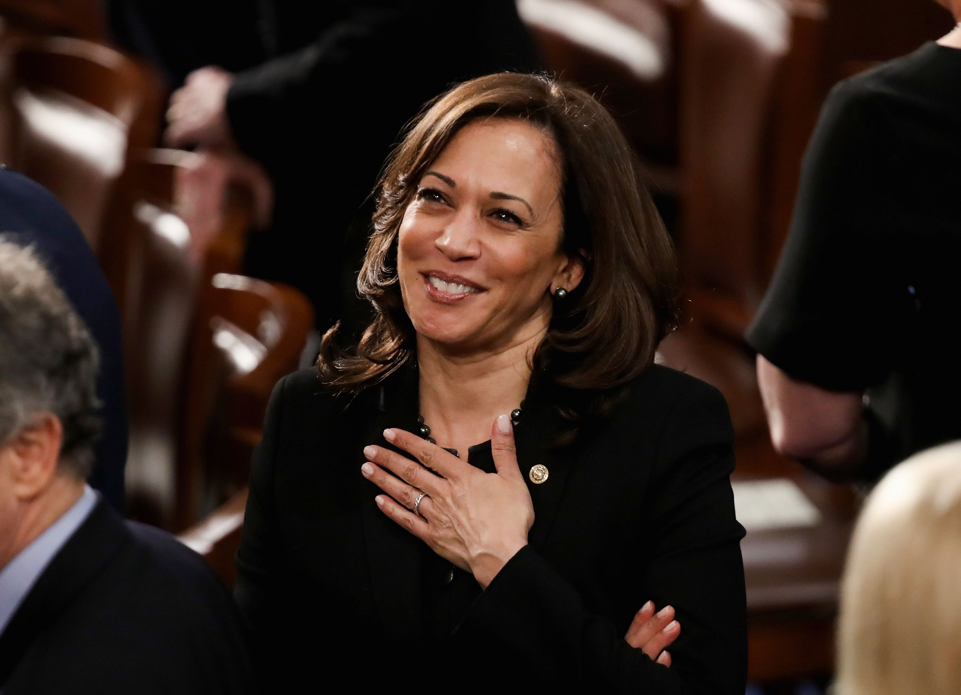 WASHINGTON, DC - FEBRUARY 05:  Sen. Kamala Harris (D-CA) greets fellow lawmakers ahead of the State of the Union address in the chamber of the U.S. House of Representatives on February 5, 2019 in Washington, DC. President Trump's second State of the Union address was postponed one week due to the partial government shutdown.  (Photo by Win McNamee/Getty Images)