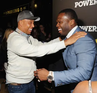 Congratulations! - Russell Simmons&nbsp;shows love to longtime friend&nbsp;Curtis '50 Cent' Jackson at the premiere after party for his new TV series Power at Highline Ballroom in New York City. (Photo: Bryan Bedder/Getty Images for Starz)