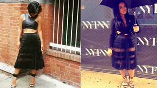 Christina Milian and Emily B. - Both these beauties are spotted at NYFW in this BCBGMaxAzria&nbsp;sheer panel skirt. They each pair with a different black top. Which mix do you prefer? Cast your vote in our poll to the right now!(Photos from left: Christina Milian , Emily B via Instagram)
