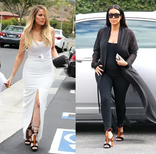 Khloe Kardashian and Kim Kardashian - The Kardashian sisters love to borrow each other’s style. Would you rock these Tom Ford patchwork leather cage sandals like Kiki or Koko? We say KhloMoney!(Photos from left: Clint Brewer / Splash News, PacificCoastNews)