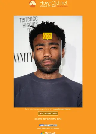Childish Gambino - Real Age: 31How-Old.net: 30It has to be the scruff because we see much younger.(Photo: Mike Windle/Getty Images for Vanity Fair / How-old.net)