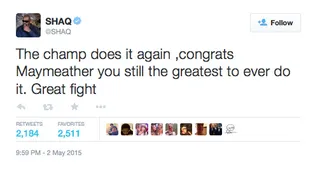 Shaquille O' Neal @SHAQ - Floyd Mayweather Jr. is great. But we're still on the fence about labeling him the greatest of all time.(Photo: Shaq via Twitter)