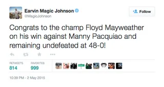 Magic Johnson @MagicJohnson - From one great champion to another.(Photo: Magic Johnson via Twitter)