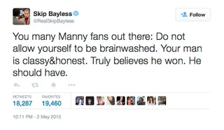 Skip Bayless @RealSkipBayless - Ok...anybody who really thinks Manny Pacquiao actually&nbsp;won Saturday night might really be insane.(Photo: Skip Bayless via Twitter)