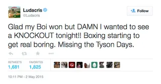 Ludacris @Ludacris - Luda couldn't have said it better. There was nothing quite like &quot;Iron Mike&quot; knocking out his competition back in the day.(Photo: Ludacris via Twitter)