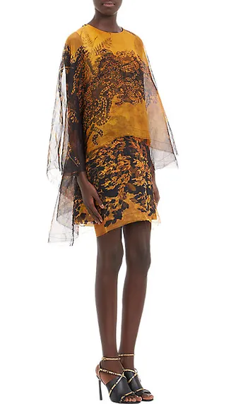 Lanvin Woodland Organza Cape Cocktail Dress - Become a walking work of French art in this voile and raw-edge organza printed cocktail dress.(Photo: LANVIN)
