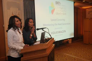 Giving Back - Mara Brock Akil and Wendy Raquel Robinson share inspiring words. (Photo: Brad Barket/PictureGroup)