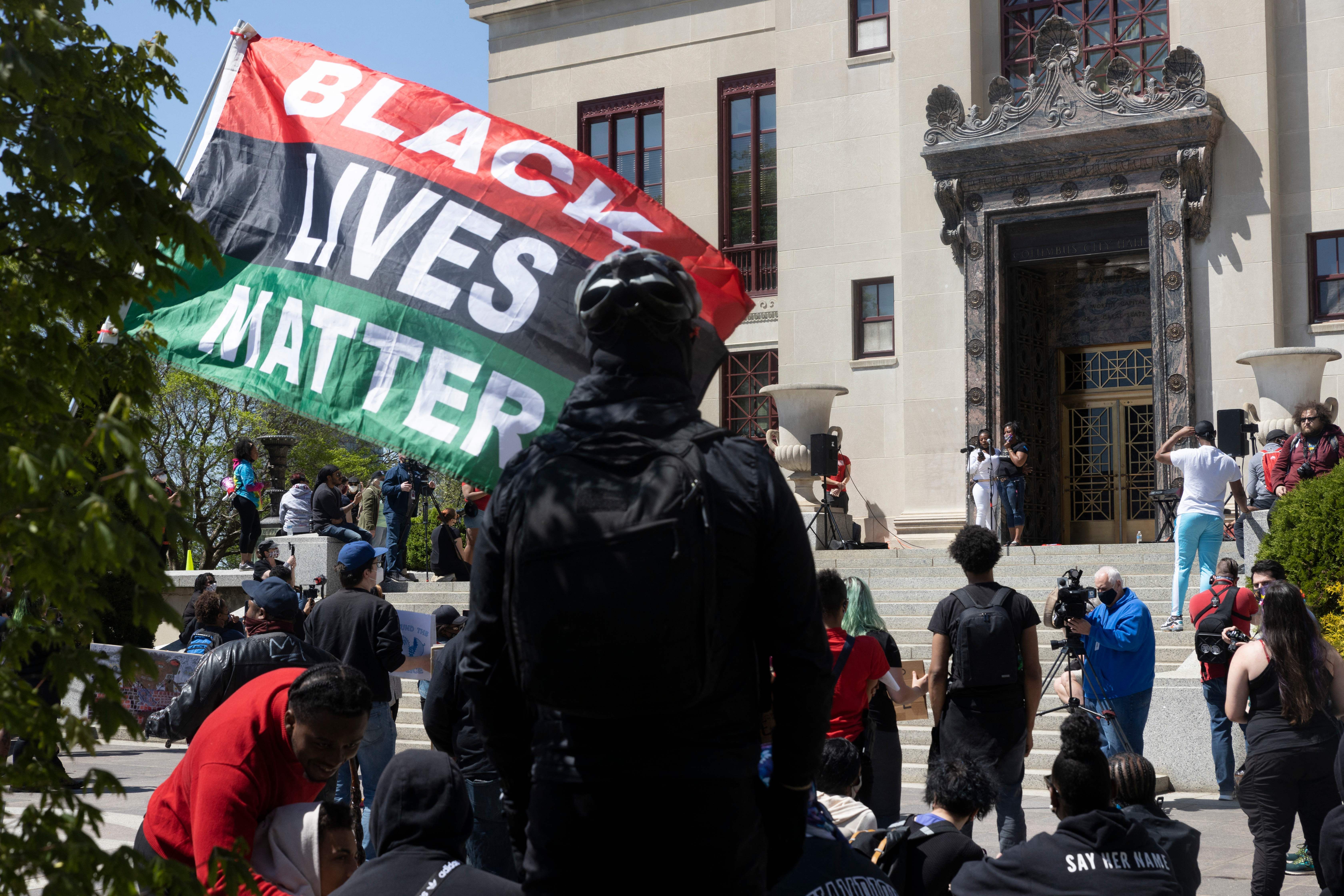 Michelle Martin, the attorney for MaKhia Bryants family, and Hazel Bryant, the mother of MaKhia Bryant, speak at rally against police brutality in front of the Columbus City Hall in Columbus, Ohio on May 1, 2021. (Photo by STEPHEN ZENNER / AFP) (Photo by STEPHEN ZENNER/AFP via Getty Images)