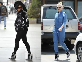 Janelle Monáe and Gwen Stefani - These two trendsetters are killing it in L.A.M.B.’s “Freeda” sneaks. The "Yoga" singer coordinates her look with the sneaker wedges while Gwen adds hers for some extra edge. (Photos from left: TNYF/WENN.com, WENN.com)