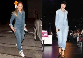 Jennifer Lopez and Jennifer Hudson - Slay-Lo does it again! The darker wash of her Joe's Jeans relaxed “Riya” jumpsuit and cool kicks just work. They might as well change the name of the label to Jen's Jeans. By Jazmine A. Ortiz (Photos from left: SPW / Splash News, Mark Sullivan/BET/Getty Images for BET)