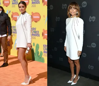 Olivia Culpo and Nicole Richie - This Saint Laurent chain-embellished mini weighs down Nicole's petite frame. We prefer the look on the former Miss USA at this year's Kids’ Choice Awards. Her slicked-back tresses complement the mini.  (Photos from left: Jason Merritt/Getty Images, Rob Kim/Getty Images for AOL)