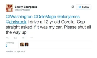 Becky Bourgeois, @BlackKhaleesi - Those who drive "modest" cars aren't exempt from driving while Black.(Photo: Black Khaleesi via Twitter)