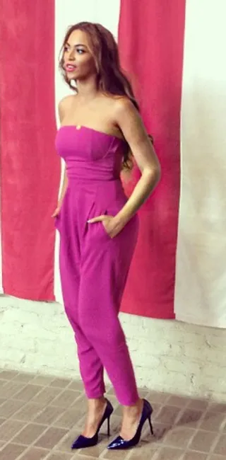 Beyoncé - Want to get Bey's look? The &quot;Flawless&quot; singer poses on Instagram in a fuschia Matthew Williamson stretch crepe jumpsuit and navy Manolo Blahnik “BB Shimmer Patent 105” pumps.  (Photo: Beyoncé&nbsp;via Instagram)