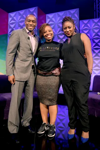 IN THE MOMENT - Marc Lamont Hill and Black Lives Matter co-founders Patrisse Cullors and Alicia Garza took time for a photo. (Photo: Jason Kempin/BET/Getty Images for BET)