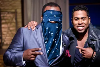 The Latest Craze - Rodney Perry models the latest sleeping device invented by Bobby V's mother: a scarf to put over your eyes while sleeping on an airplane.(Photo: Darnell Williams/BET)