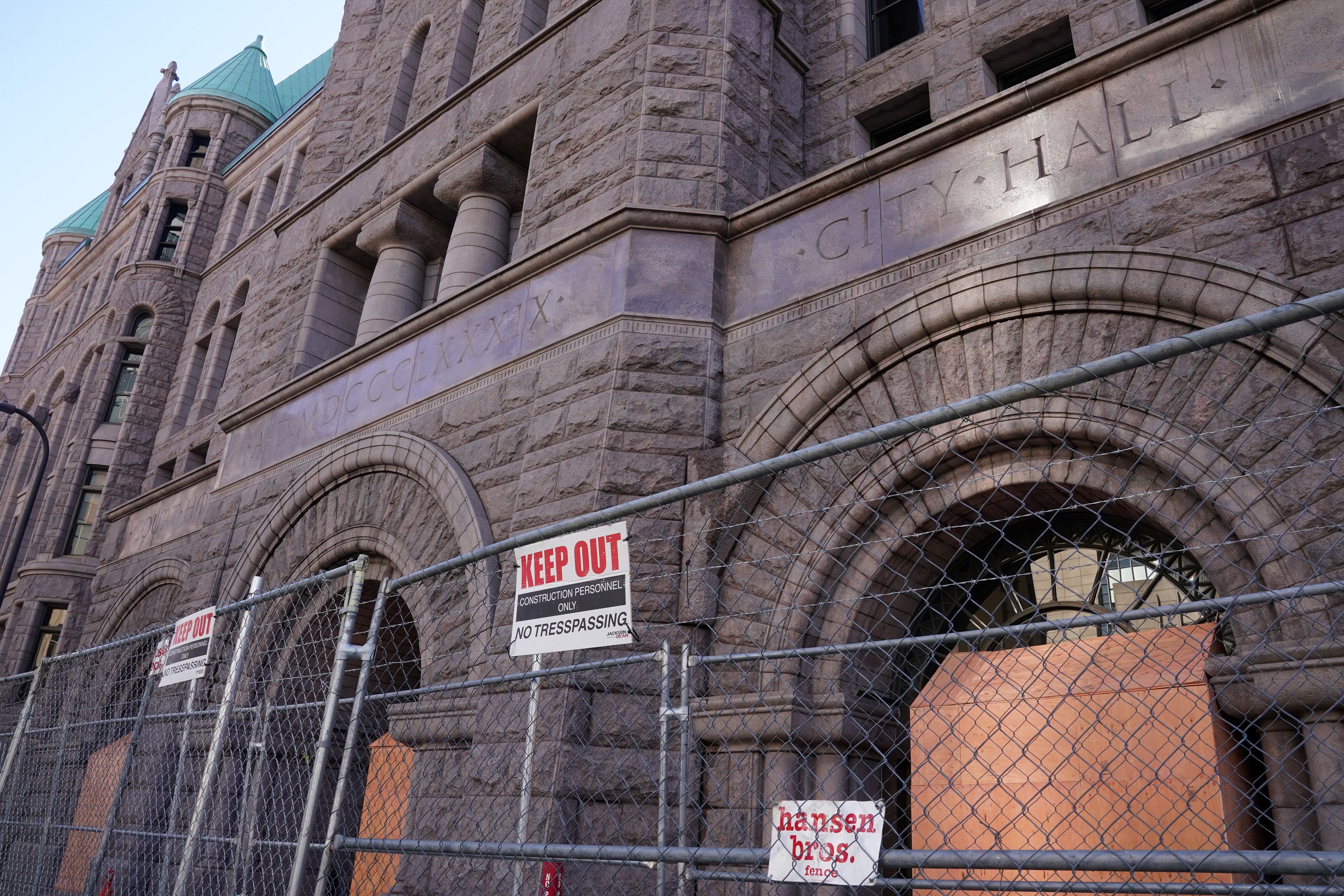 Chain link fence with barbed wire, concrete barriers, and concertina wire surrounded the Hennepin County Public Safety Facility, the Hennepin County Government Center and City Hall as crews worked to fortify the buildings in preparation for Derek Chauvin’s trial in the killing of George Floyd. ] ANTHONY SOUFFLE • anthony.souffle@startribune.com 

Minneapolis officials hold another press conference to discuss plans for the upcoming trial for Derek Chauvin in the killing of George Floyd Wednesday, Feb. 24, 2021 at City Hall. Meanwhile, outside, crews continued working to fortify the Hennepin County Government Center in preparation for the trial.