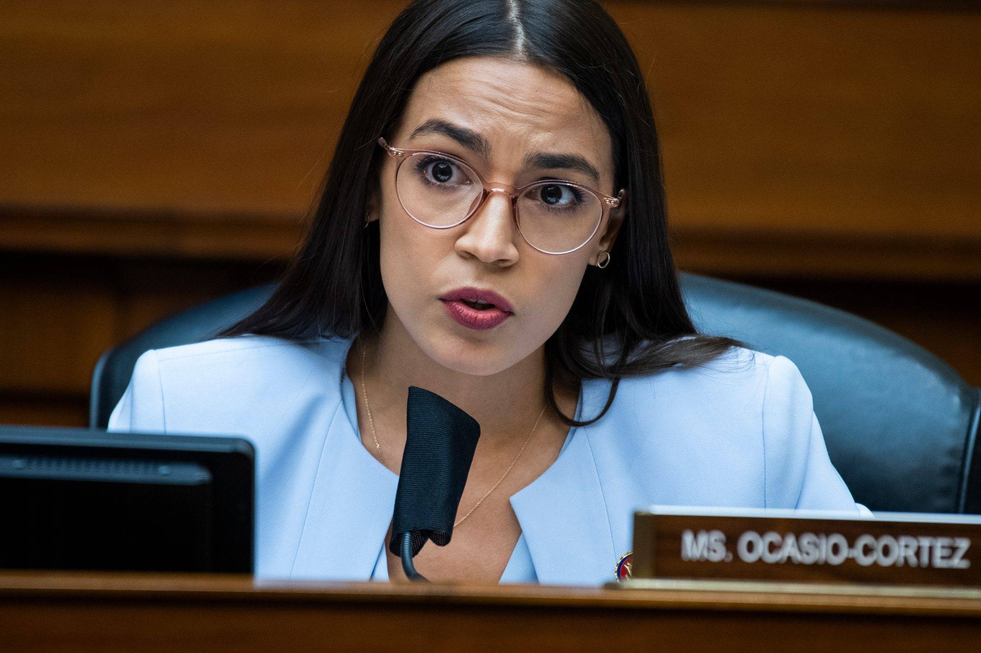 UNITED STATES - AUGUST 24: Rep. Alexandria Ocasio-Cortez, D-N.Y., questions Postmaster General Louis DeJoy during the House Oversight and Reform Committee hearing titled “Protecting the Timely Delivery of Mail, Medicine, and Mail-in Ballots,” in Rayburn House Office Building on Monday, August 24, 2020. (Photo By Tom Williams/CQ Roll Call/Pool)