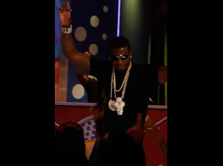 Party Party Party - Nothing can stop Gucci from starting a full-on party at &quot;106 & Park.&quot;  (Photo Credit: Ernest Estime)