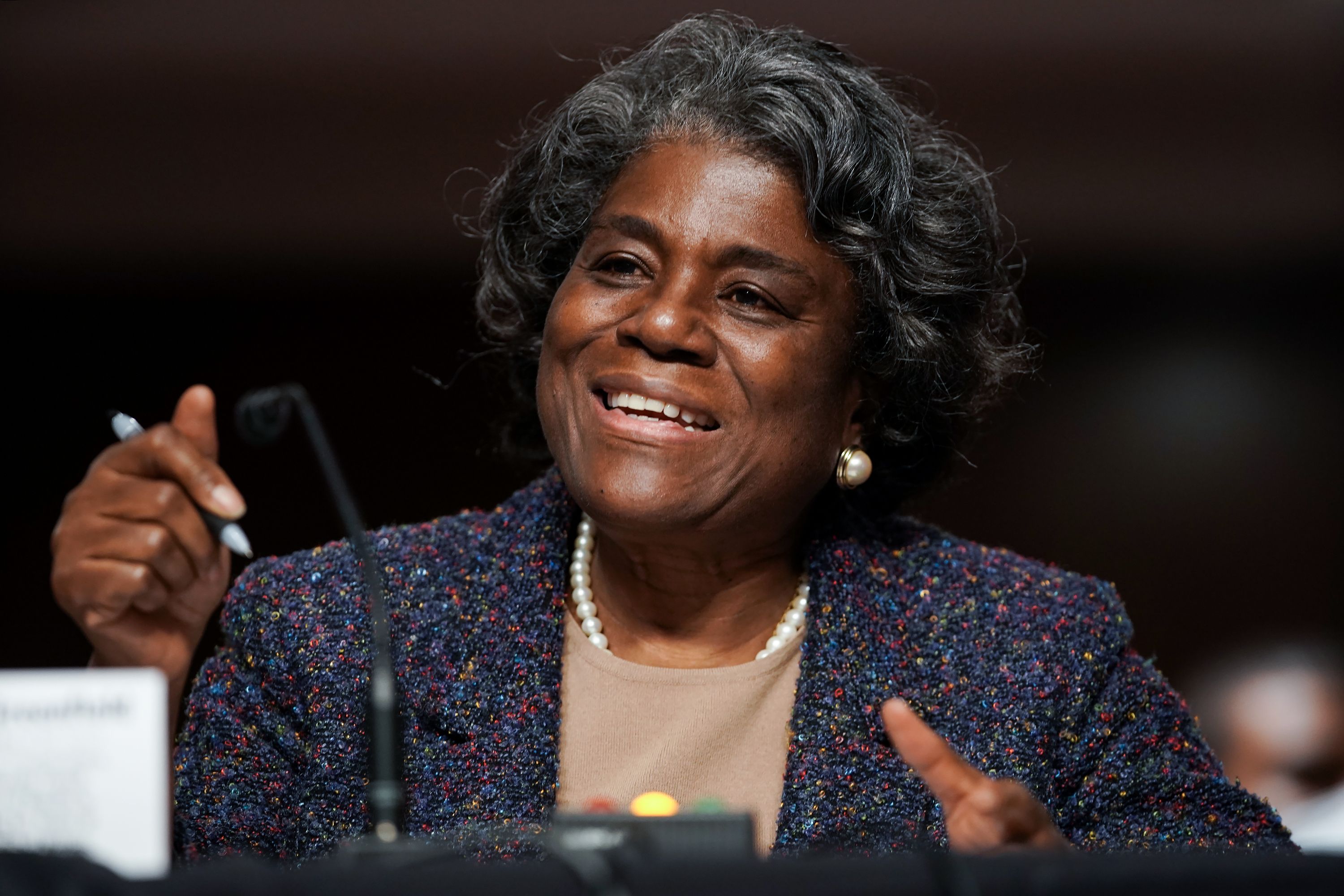 WASHINGTON, DC - JANUARY 27:  Nominee for United Nations Ambassador Linda Thomas-Greenfield answers questions during her confirmation hearing before the  Senate Foreign Relations Committee on January 27, 2021 in Washington, DC. Thomas-Greenfield previously served as Assistant Secretary of State for African Affairs during the Obama administration. (Photo by Greg Nash-Pool/Getty Images)