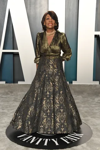 Maxine Waters - Maxine Waters attends the 2020 Vanity Fair Oscar Party in a black and gold brocade gown. (Photo: Jon Kopaloff/WireImages)&nbsp; (Photo: Jon Kopaloff/WireImages)