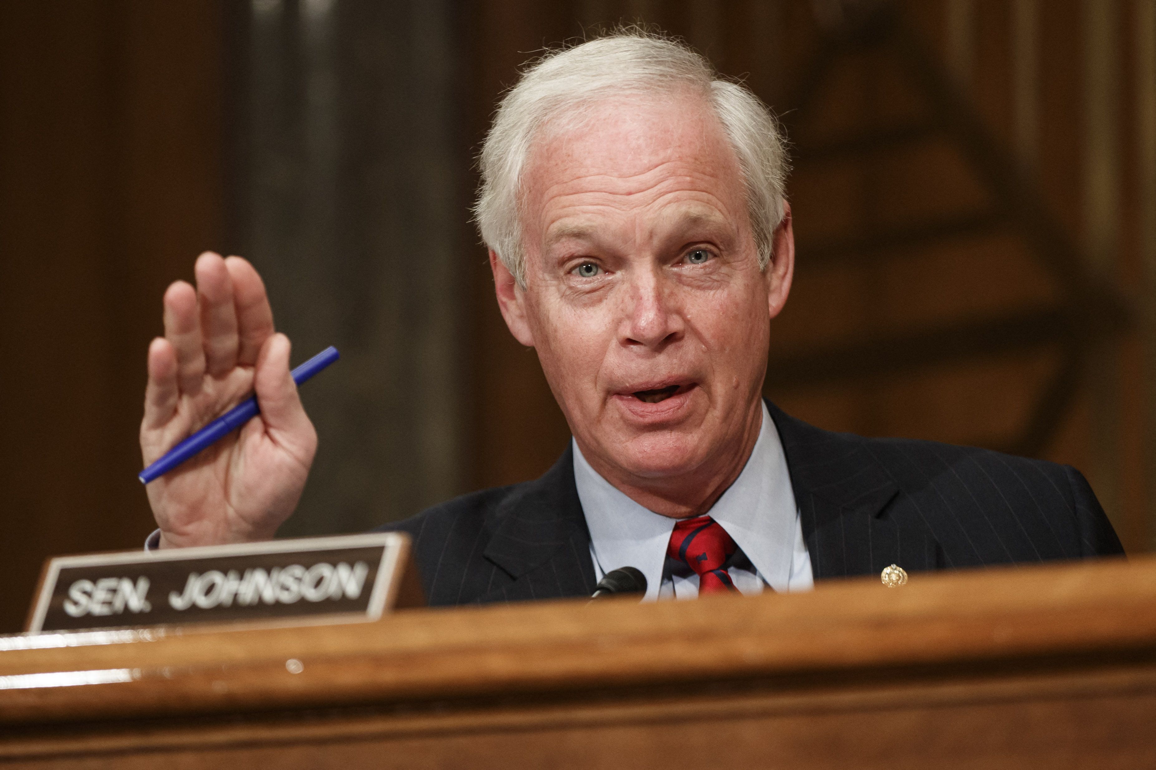 Senator Ron Johnson, a Republican from Wisconsin questions Neera Tanden, director of the Office and Management and Budget (OMB) nominee  before the Senate Homeland Security and Government Affairs committee on her nomination to become the director of the Office of Management and Budget (OMB), during a hearing at the US Capitol in Washington, DC on February 9, 2021. (Photo by Ting Shen / POOL / AFP) (Photo by TING SHEN/POOL/AFP via Getty Images)