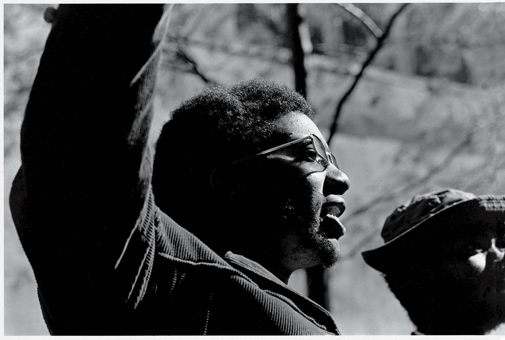 American political & social activist and Black Panther Party member Fred Hampton (1948 - 1969) raises his arms at the 'Days of Rage' rally, Chicago, Illinois, October 11, 1969. (Photo by David Fenton/Getty Images)