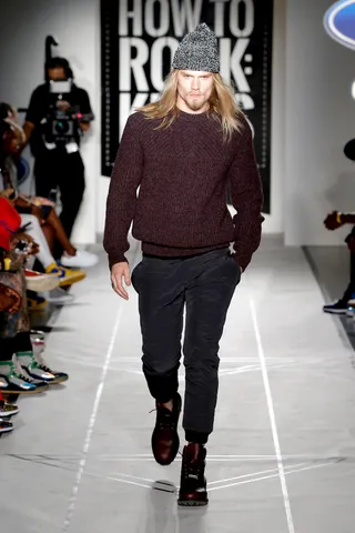 Perfect Pairing - Layer up in these chunky accessories when the weather calls for it.CREDITS:• Richard Chai burgundy chunky-knit sweater• Grungy Gentleman gray quilted joggers• Timberland oxblood boots• ICNY knit 3M cap(Photo: JP Yim/Getty Images)