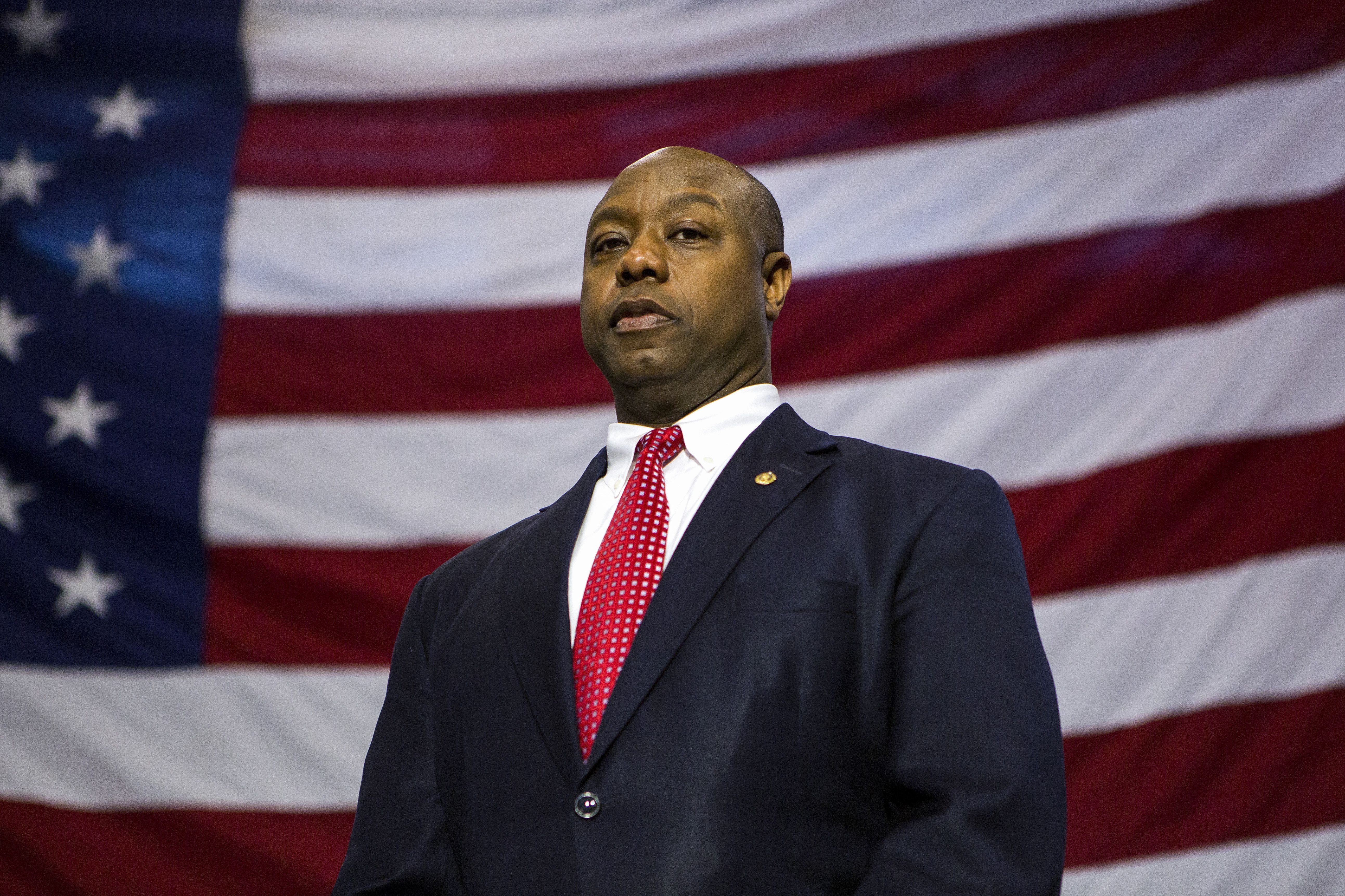 NORTH CHARLESTON, SC - FEBRUARY 19, 2016:

Senator Tim Scott listens as Rubio delivers his speech to RB Stall High School Friday, February 19, 2016 in North Charleston, South Carolina . (Alex Holt for The Washington Post via Getty Images)