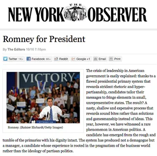 Total Newspaper Endorsements for Romney: 35 - Based on the top 100 newspapers in daily circulation. (Source:&nbsp;The American Presidency Project)  (Photo: Courtesy of The New York Observer)