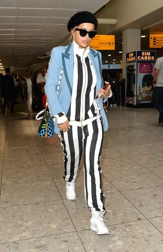 Rita Ora - Rita Ora went bold as she arrived into Heathrow airport in London. (Photo: Palace Lee, PacificCoastNews)