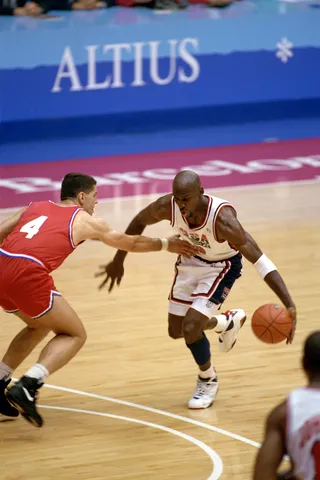 Staying Close - Michael Jordan is covered by Drazen Petrovic of Croatia.&nbsp;(Photo: Shaun Botterill/Getty Images)