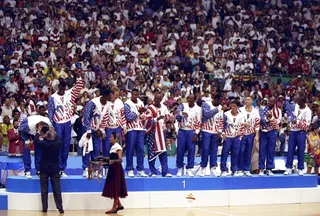 Golden Boys - The Dream Team players receive gold medals following their finals win. (Photo: Mike Powell/Allsport)