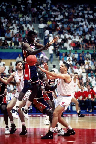 Jump Shot - Drazen Petrovic of Croatia knocks the ball out of the hands of David Robinson. (Photo: Mike Powell/Getty Images)