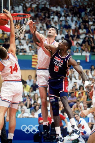 Close Call - David Robinson goes up for a rebound against Stojan Vrankovic and Dino Radja of Croatia. (Photo: Mike Powell/Getty Images)