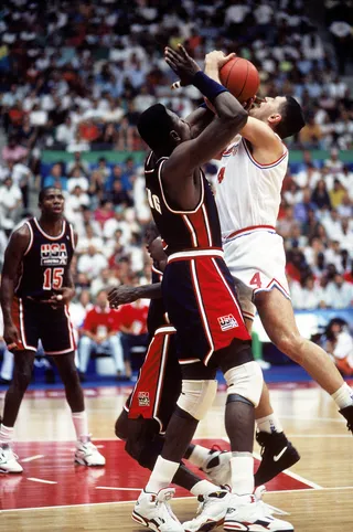 Close Quarters - Patrick Ewing blocks Drazen Petrovic of Croatia.&nbsp;(Photo: Mike Powell/Getty Images)