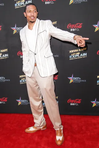 Real Homies in Hollywood - Kev's Real Husbands of Hollywood co-star Nick Cannon graces the red carpet in a very summery white-on-white suit. The hilarious duo will soon reunite on the return of Cannon's show Wild N' Out this summer.  (Photo: Chelsea Lauren/WireImage)