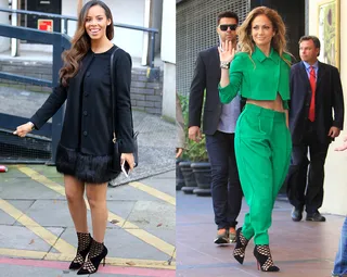 Rochelle Humes and Jennifer Lopez - Booties on fleek! Both pop stars wear the “Mrs Bouglione” black suede cutout booties by Christian Louboutin well.(Photos from left: Rocky/WENN.com, Miguel Aguilar/ PacificCoastNews)