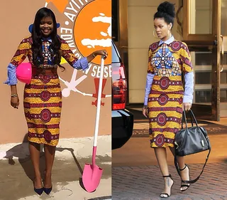 Karen Civil and Rihanna - The music mogul does no justice to this Stella Jean printed shirtdress by covering the design with a bulky belt. Rih forgoes the belt and lets the print pop.  (Photos from left: Karen Civil via Instagram, Gene Young/Splash News)