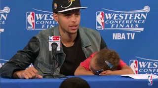 Stephen Curry's Daughter Riley - Riley Curry interrupted her dad's speech last year just to sing the hook to Big Sean's "Blessings." And she made sure that her eyes were on media members during his MVP speech this year. Cutest NBA kid of them all!&nbsp;(Photo: NBA via YouTube)