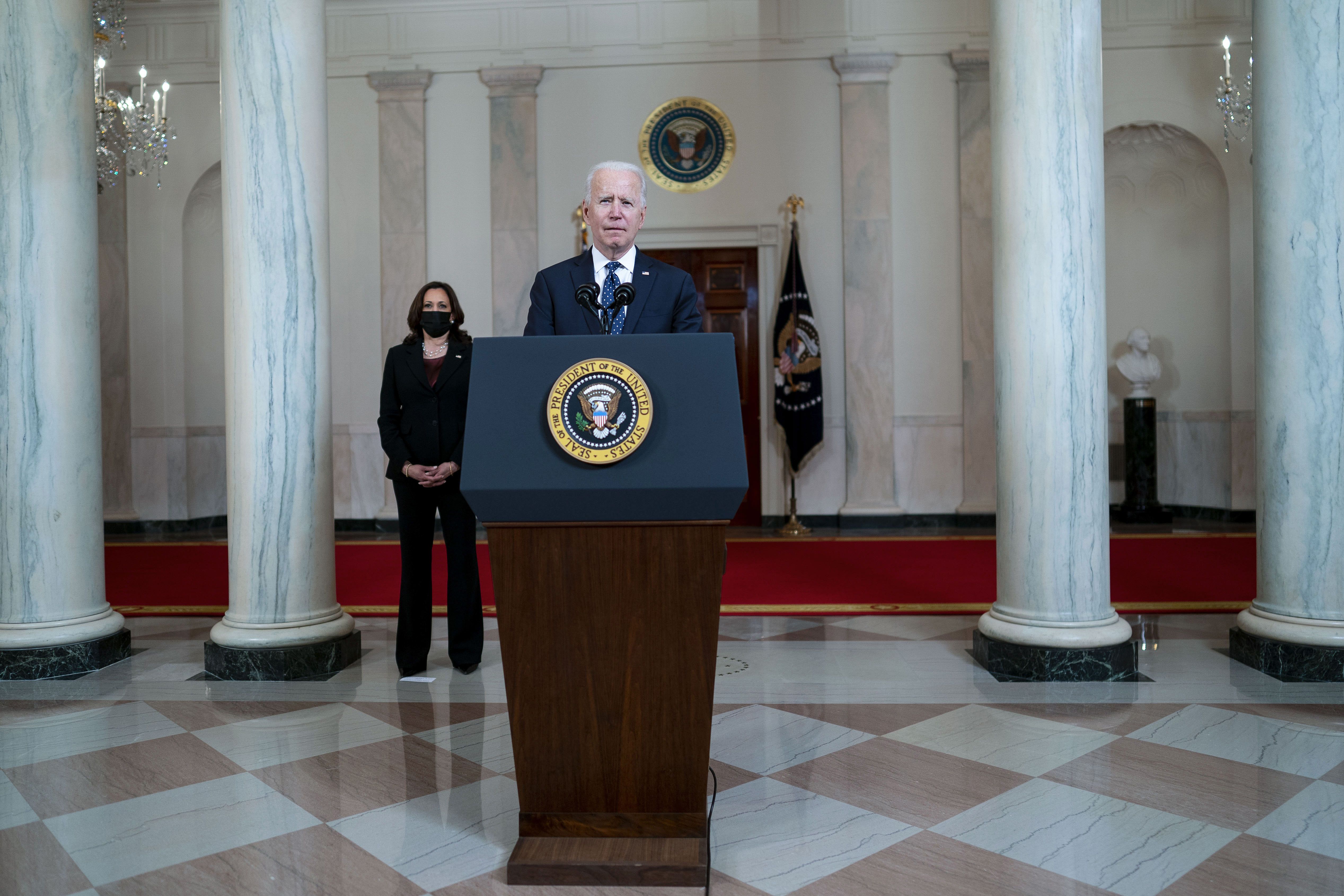 President Joe Biden  with Vice President Kamala Harris looking on makes remarks about the Derek Chauvin Trial, at the White House, Tuesday April, 20, 2021. (Photo by Doug Mills/The New York Times)