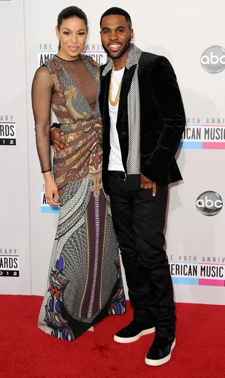 Jordin Sparks and Jason Derulo - Prints and patterns abound in the couple's AMA outfits.  (Photo: Jason Merritt/Getty Images)
