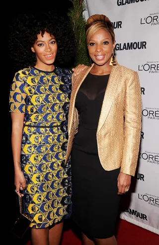 Sophisticated Ladies - Solange Knowles and Mary J. Blige share a moment on the red carpet of the 22nd annual Glamour Women of the Year Awards at Carnegie Hall in New York City.(Photo: Jamie McCarthy/Getty Images)