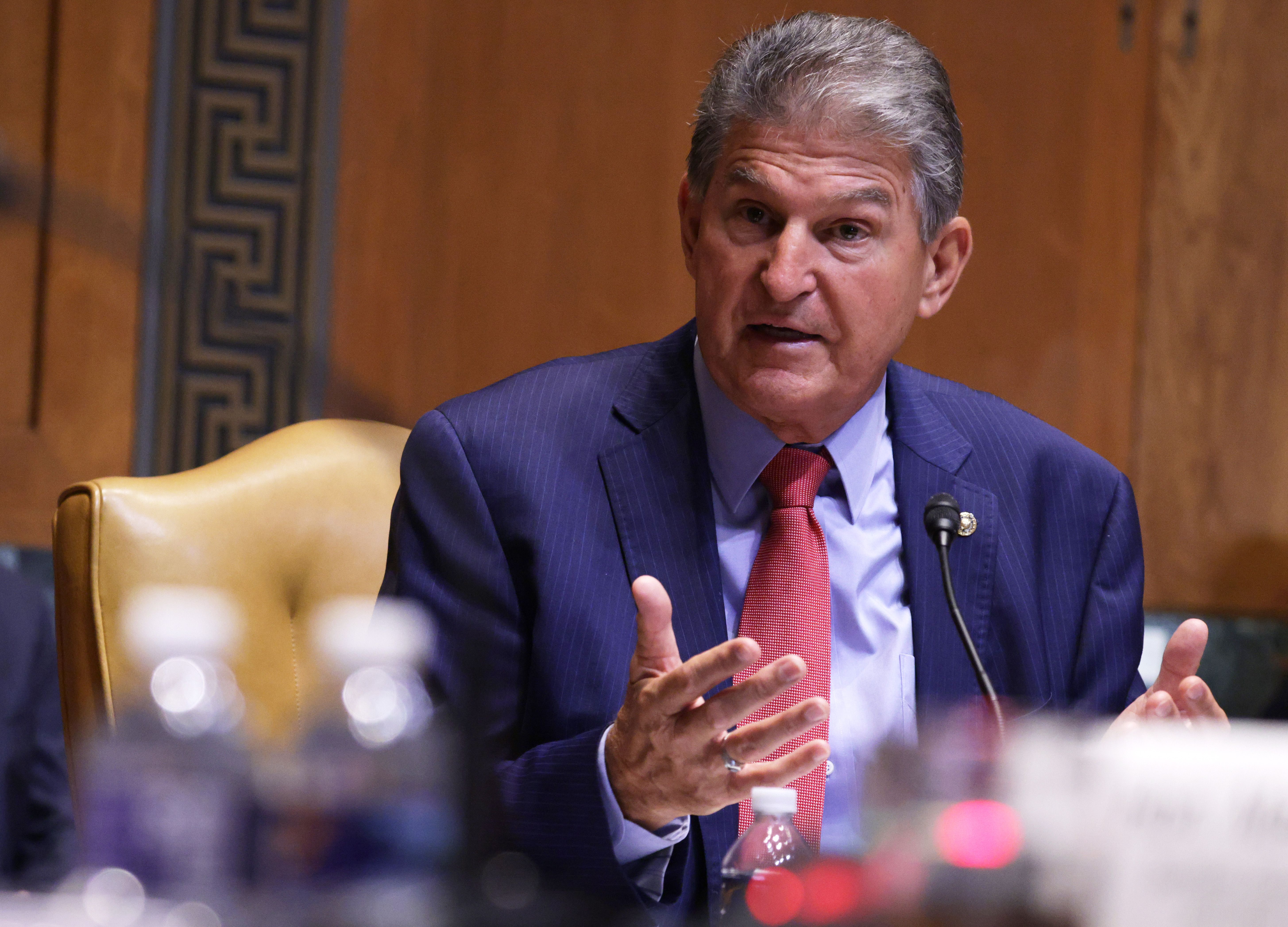 WASHINGTON, DC - JUNE 10:  U.S. Sen. Joe Manchin (D-WV) speaks during a hearing before Transportation, Housing and Urban Development, and Related Agencies Subcommittee of Senate Appropriations Committee at Dirksen Senate Office Building June 10, 2021 on Capitol Hill in Washington, DC. The subcommittee held the hearing to review President Joe Bidenâs FY2022 budget request for HUD. (Photo by Alex Wong/Getty Images)
